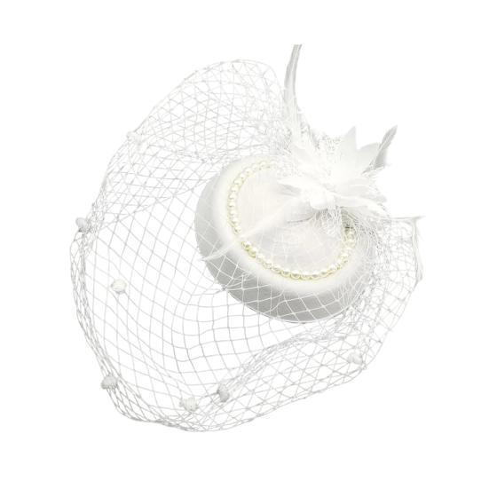 Vintage Style Pillbox Hat with Faux Pearls Mesh Feather Decor Hair Topper Headwear Weddings Events Hair Accessories