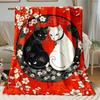 Yin yang black and white cats cherry blossom red background blanket Japanese style art soft flannel throw for bedroom decor