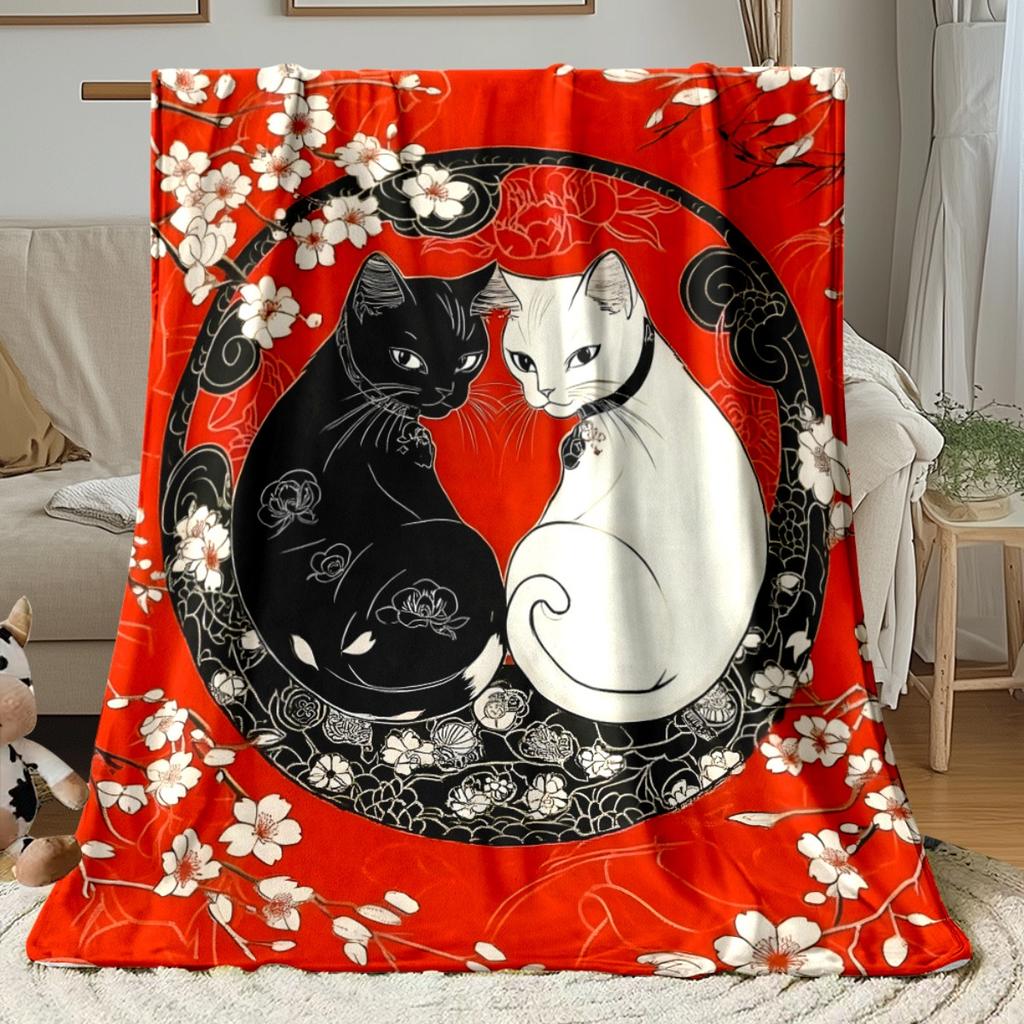 Yin yang black and white cats cherry blossom red background blanket Japanese style art soft flannel throw for bedroom decor