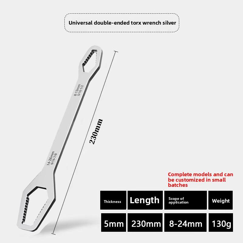 

Многоцелевой черный гаечный ключ Torx толщиной 5 мм, регулируемый самозатягивающийся двухсторонний гаечный ключ 8-24mm серебряный