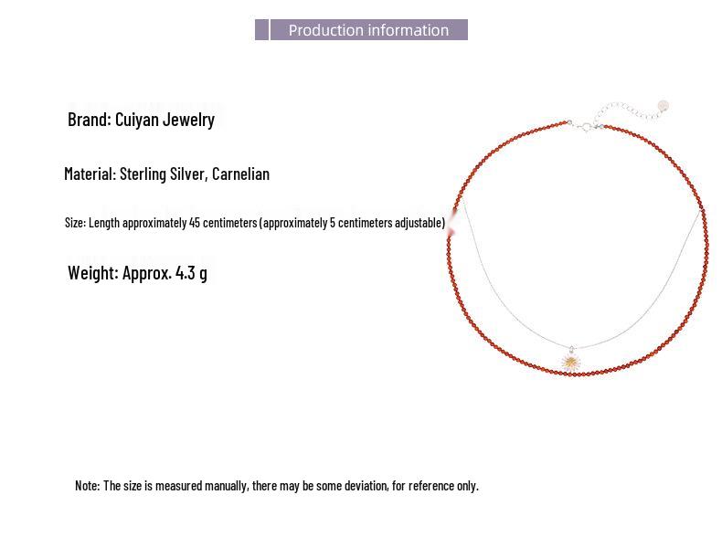 Korean Style S925 Sterling Silver Daisy Red Agate Beaded Necklace - Fashionable Layered Clavicle Chain for Women.