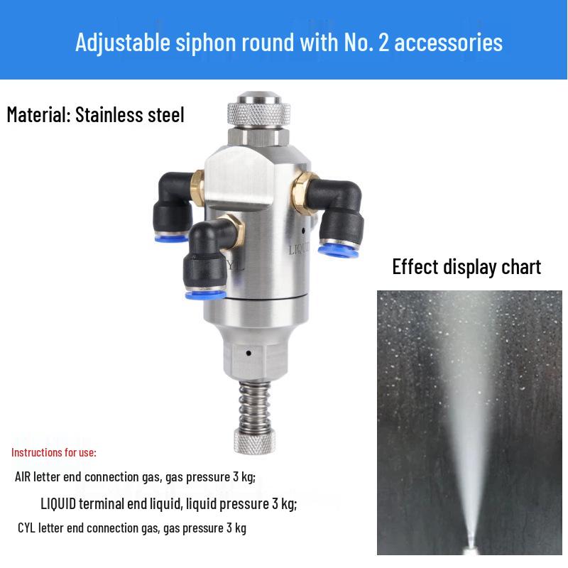 Stainless Steel Anti-Drip Triple-Fluid Air Atomizing Nozzle with Siphon and Circular Fan Spray