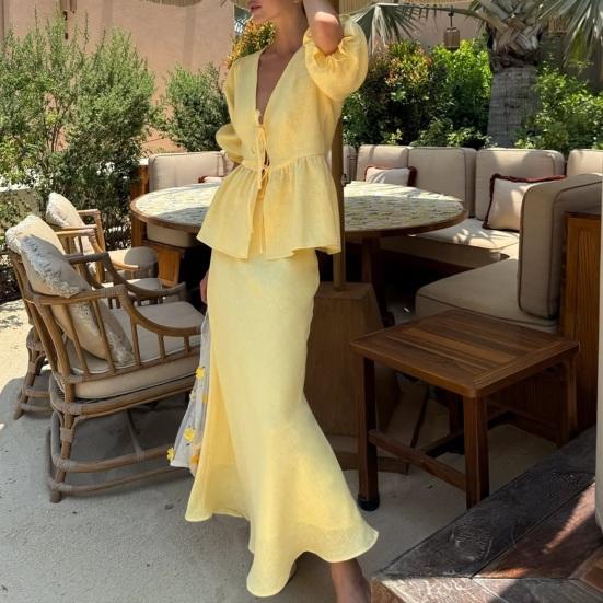 Completi estivi da donna a 2 pezzi con gonna, Top con maniche corte a sbuffo e allacciatura frontale, Gonna lunga a vita alta, Abiti casual per spiaggia e vacanze
