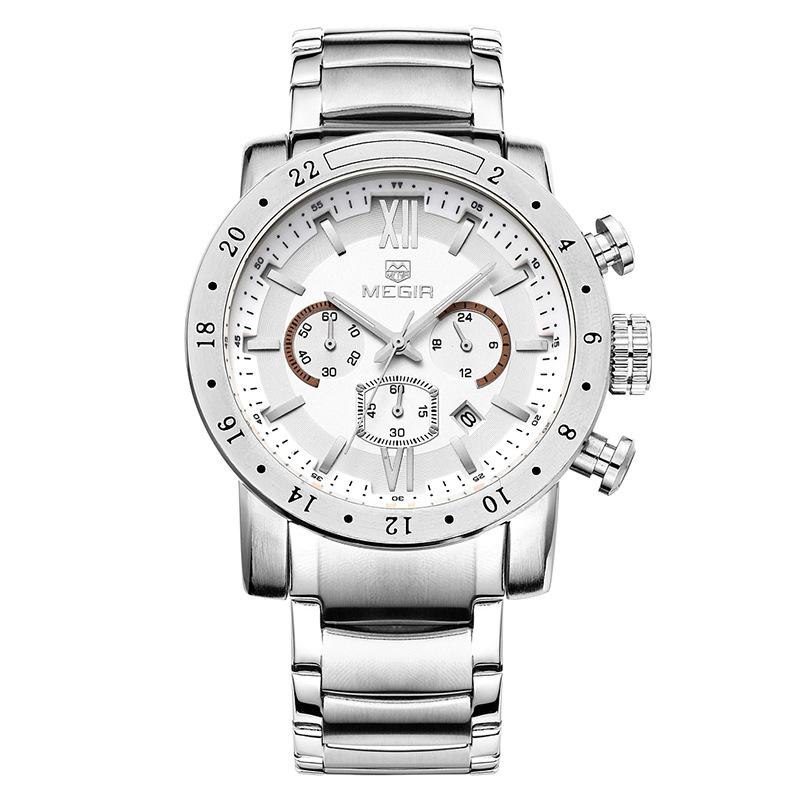 Megir 3008G 3008 Business Men's Dress Big Wrist Watches Chronograph Clock Stainless Steel Band 24 Hours Quartz Stop Watch Man
