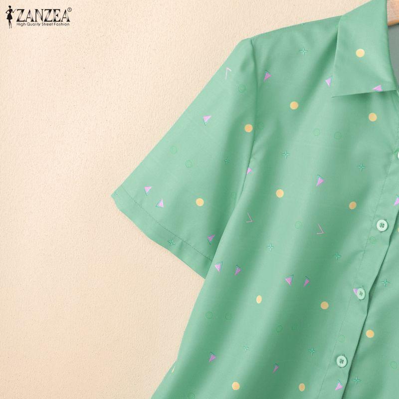 ZANZEA Women Casual Turn Down Collar Short Sleeve Print Blouse