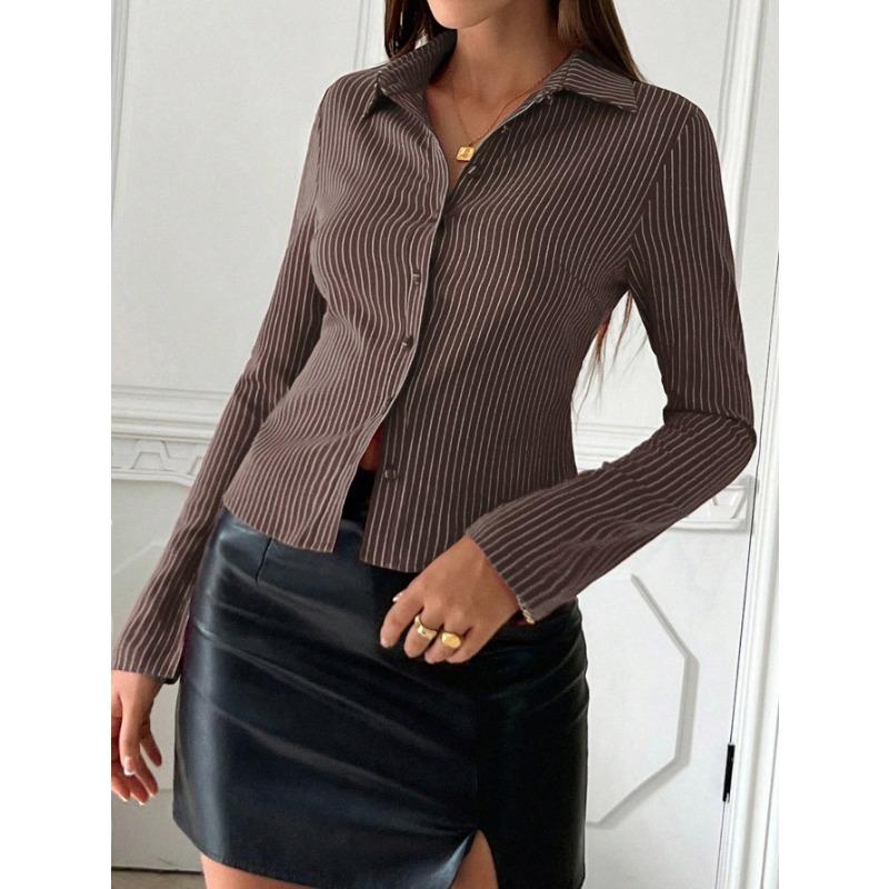 DAFIFY Women's Fashion Casual Spring Autumn Stripe Print Long Sleeve POLO Neck Blouses & Shirts