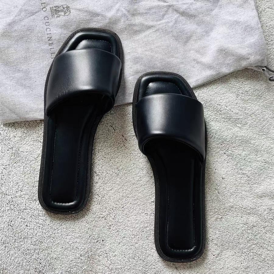 Leather with Diamond Edge Square Head Soft and Comfortable Flat Bottom One Word Cool Slippers Women's Fashion 2025 Summer New