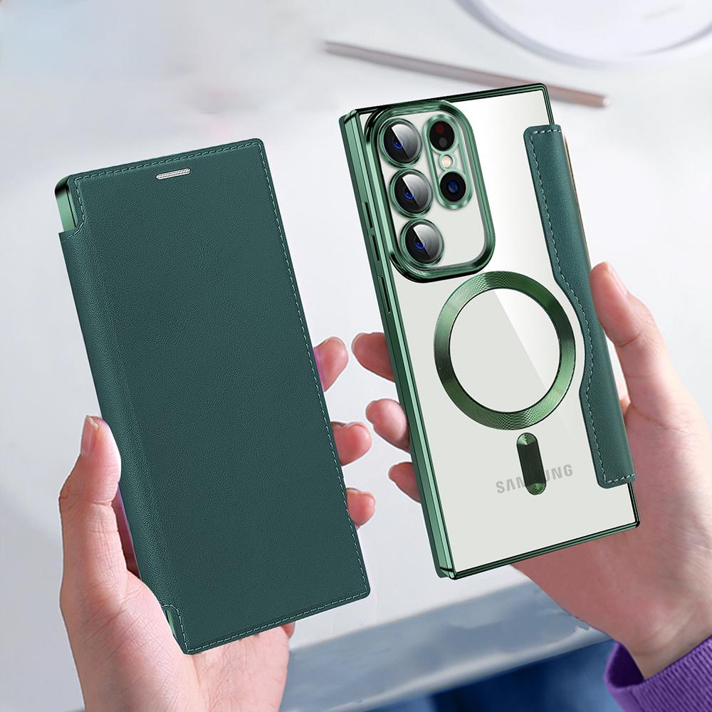 Card Holder Phone Case for Samsung Galaxy S23 Ultra Leather+TPU RFID Blocking Magnetic Phone Cover Compatible with MagSafe