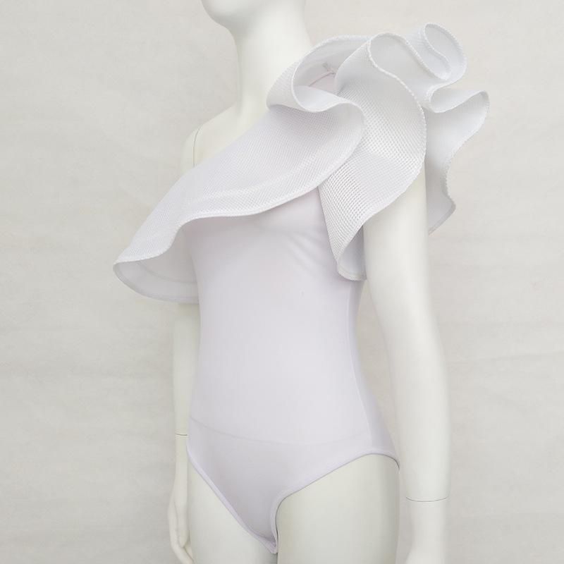 Traje de baño mono ajustado de Color sólido con encaje de hoja de loto sexy de un solo hombro para mujer