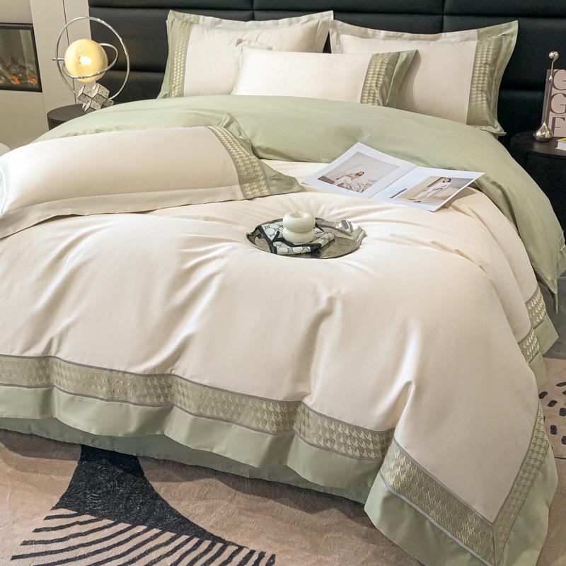 Set da quattro pezzi per letto in cotone a fibra lunga di classe A, lenzuolo con angoli ricamato, lenzuolo con angoli, copripiumino, puro cotone, ad alta densità, ad alto numero di titoli