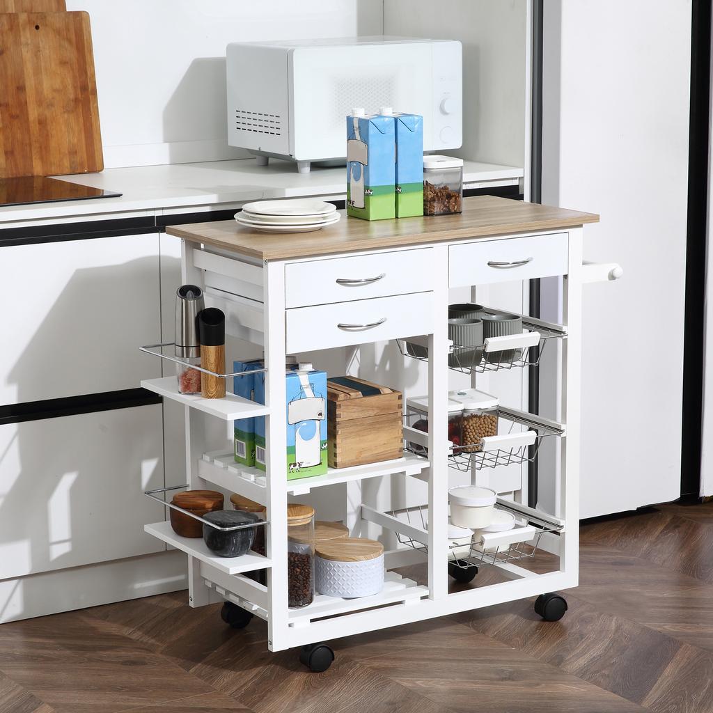 Kitchen Trolley, Serving Cart, Drawers, Baskets, Towel Rack, Wheels, 92 x 37 x 82 cm, White