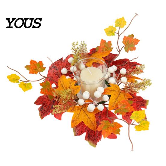 Berry And Pumpkin Candle Decor Fall Rings Wreaths, Artificial Maple Leaf Ring for Pillar Sunflower Holder, Thanksgiving Halloween Home Party