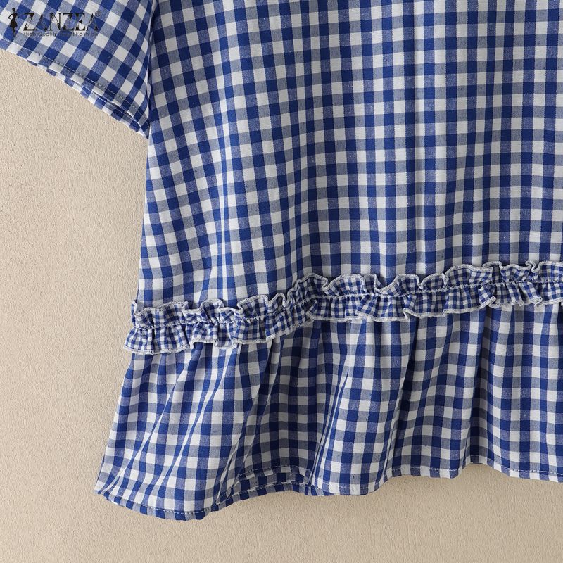 ZANZEA Women Casual Round Neck Plaid Print Loose Short Sleeve Blouse