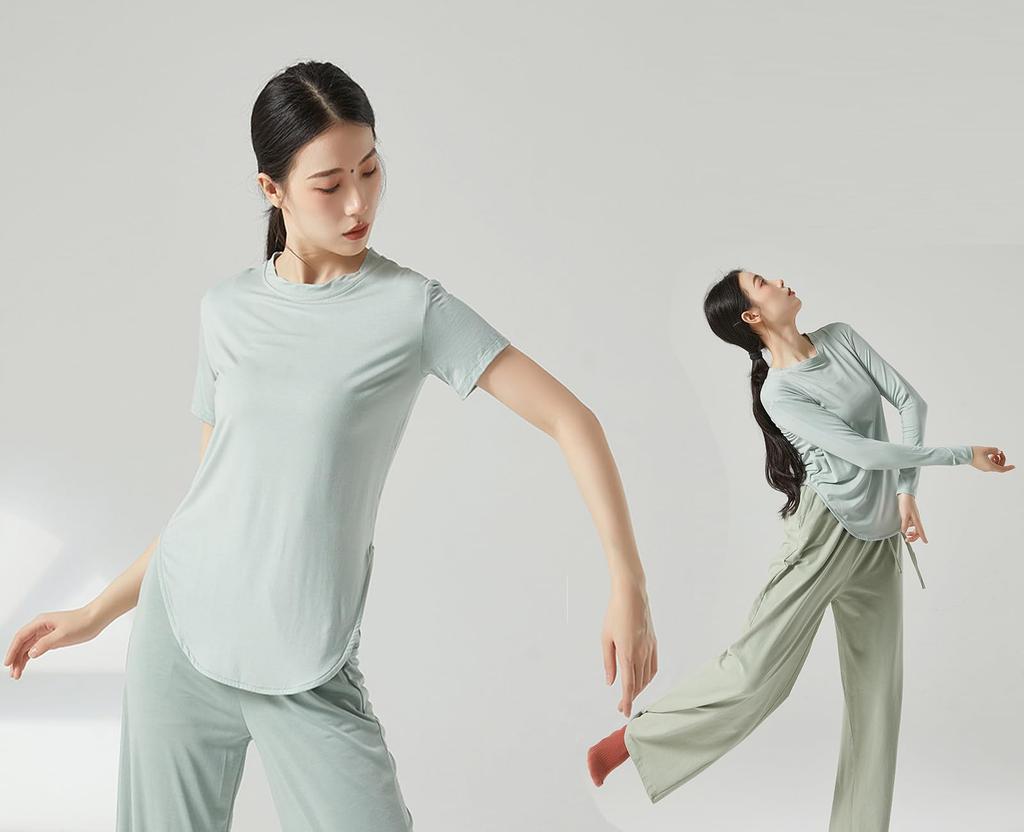 Yuoku Long Sleeve Ballet Practice Stretch Blouse with Slit and Round Perfect for Classical and Ballroom and Refreshing Solid Color Women's T-Shirt,