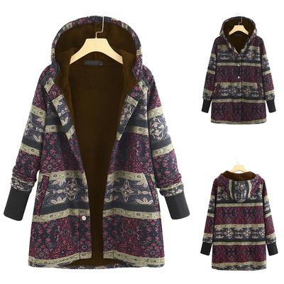 Women Vintage Flowers Print Fleece Hooded Plus Size Long Sleeve Jacket Coat