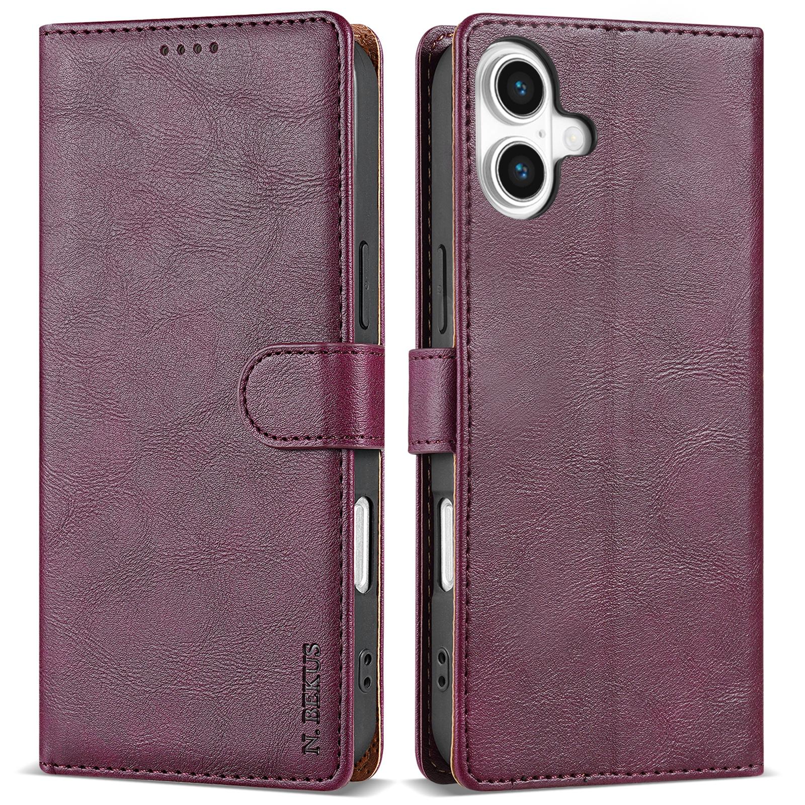 

N.BEKUS CSJ-001 For iPhone 16 Stand Case PU Leather Wallet Phone Cover Wine Red