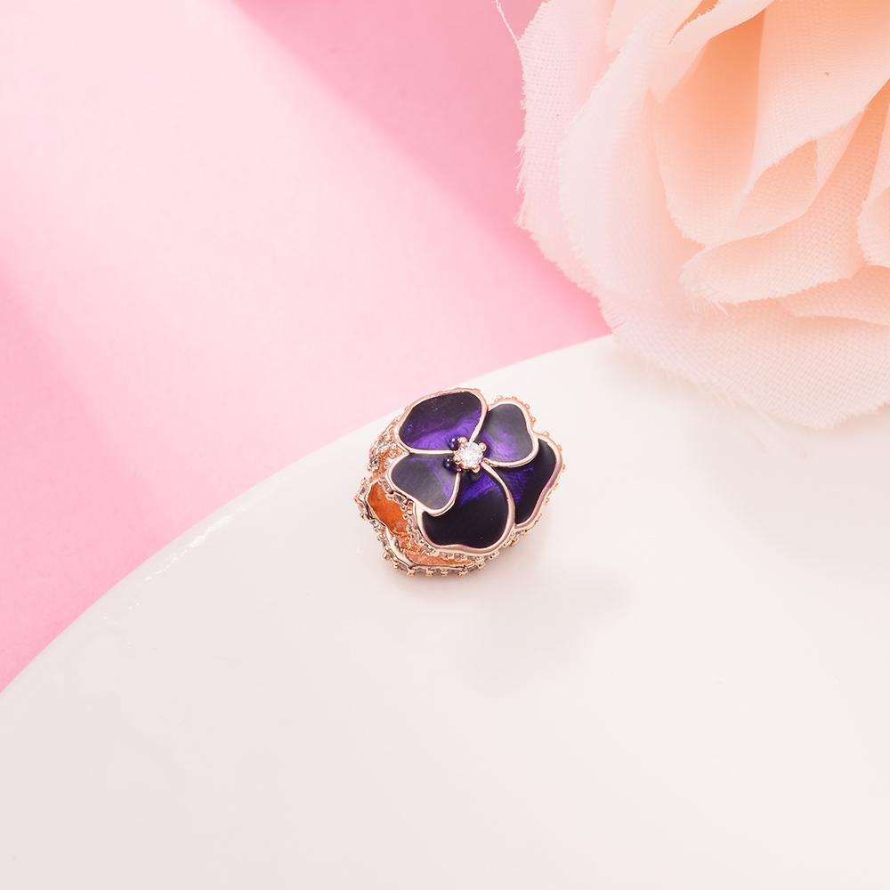 2022 New 925 Sterling Silver Deep Purple Pansy Flower Charm Beads Fits Europe Bracelet Women DIY Jewelry Making Accessories