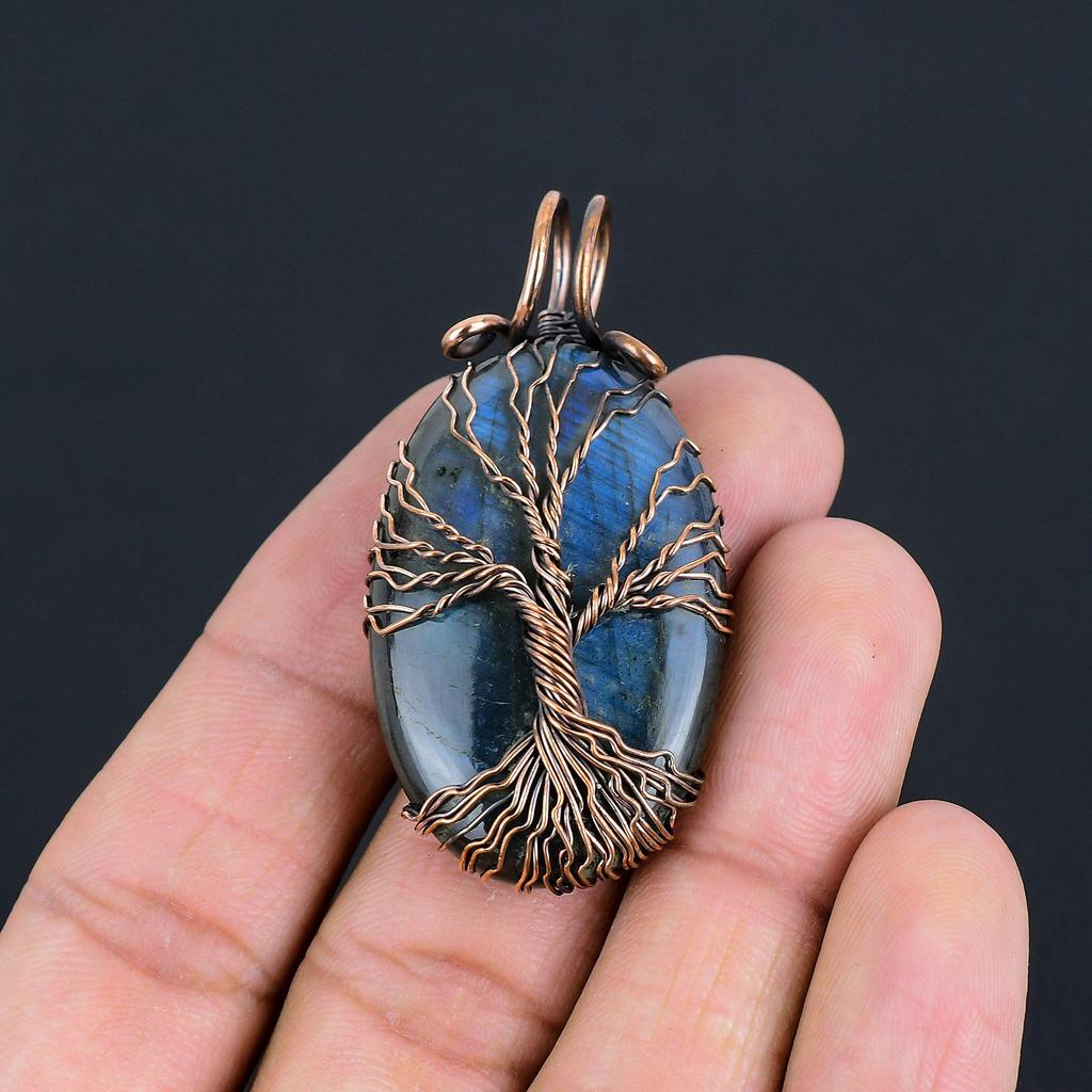 Natural Tree of Life Blue Fire Labradorite Gemstone Pendant | Oxidized Copper Wire Wrapped | Necklace Pendant | Copper Jewelry For Her/him