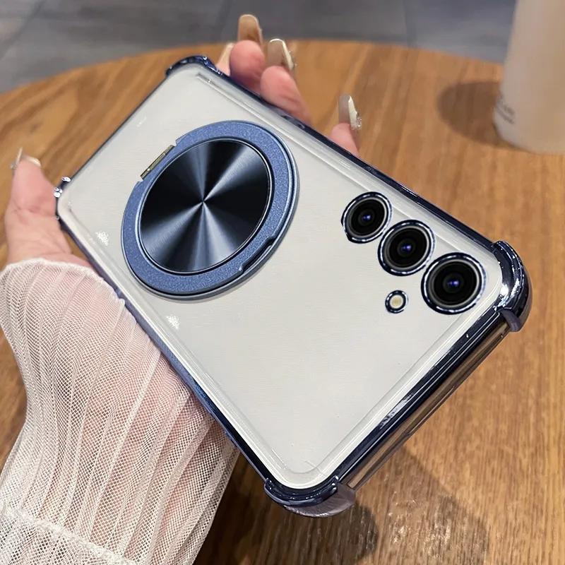 360 Degree Rotating Magnetic Bracket Shockproof Plating Case For Samsung Galaxy S25 Edge S24 S23 S22 S21 S20 FE Ultra Plus Cover
