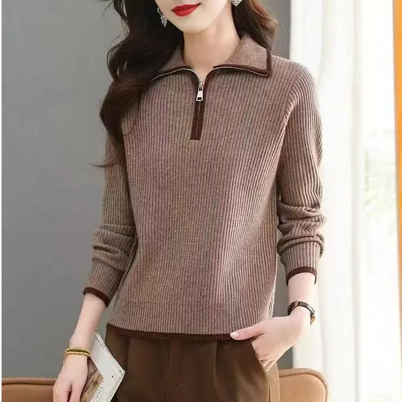 Half Zipper Stand-up Collar Women's Spring and Autumn New Medium Mother Embroidered Knitted Sweater with Bottom Clothes