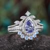 European and American new fashionable blue water drop-shaped gemstone inlaid with personalized luxury women's three-piece ring