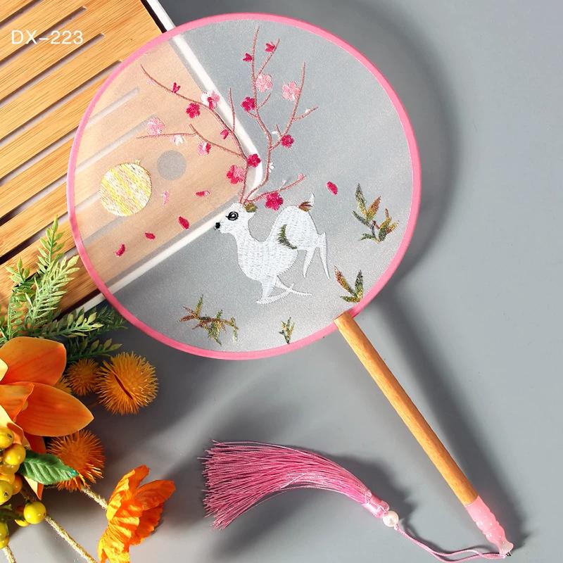 Antique Embroidery Circular Fan Chinese Style Cheongsam Fan Women's Double-Sided Embroidered Transparent round Long Handle Ancient Chinese Clothing