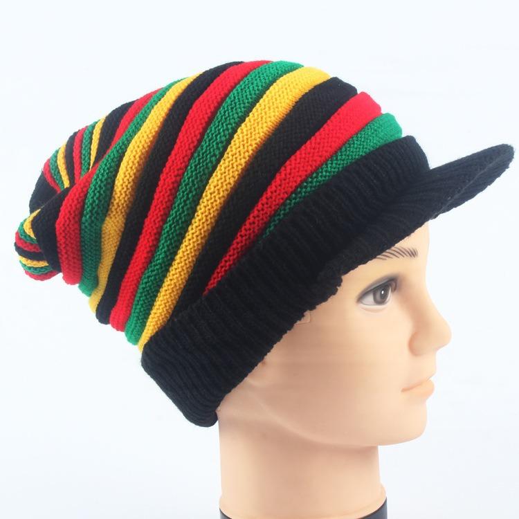 Popular warm Jamaican reggae beanie with brim, colorful striped long rainbow knitted pullover hat