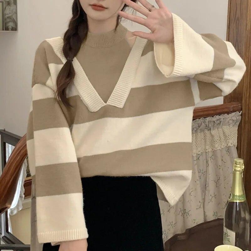Winter Autumn Striped Sweater Women Casual Loose Sexy Off Shoulder Knitted Pullovers Sweaters Office Lady Knitwears 28931