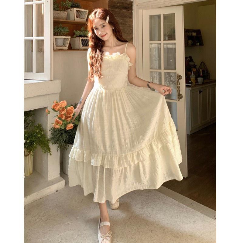 Summer new female small French fairy dress thin and pure small white dress suspender high waist long dress