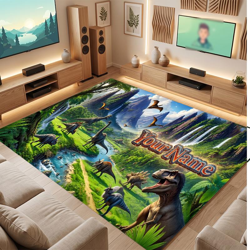 Dinosaur Theme Soft Crystal Velvet Rug Custom Name & Text Print Non Slip Floor Rug for Bedroom Living Room