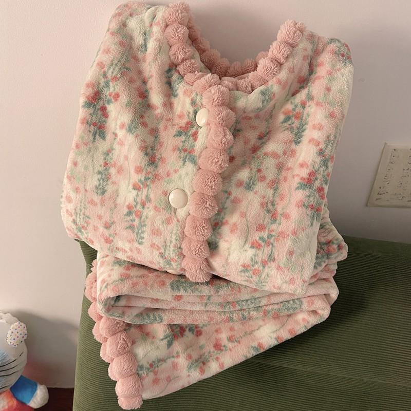 Womens Coral Fleece Pajama Set Princess Style Thick Warm Flannel Loungewear Winter