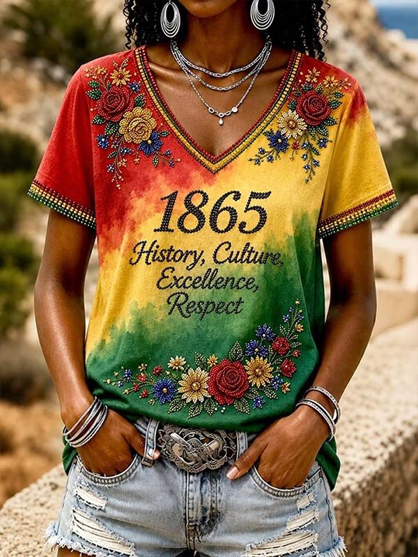 European and American Style Women's Clothing Casual V-neck Short-sleeved T-shirt D Digital Printing Source Wholesale