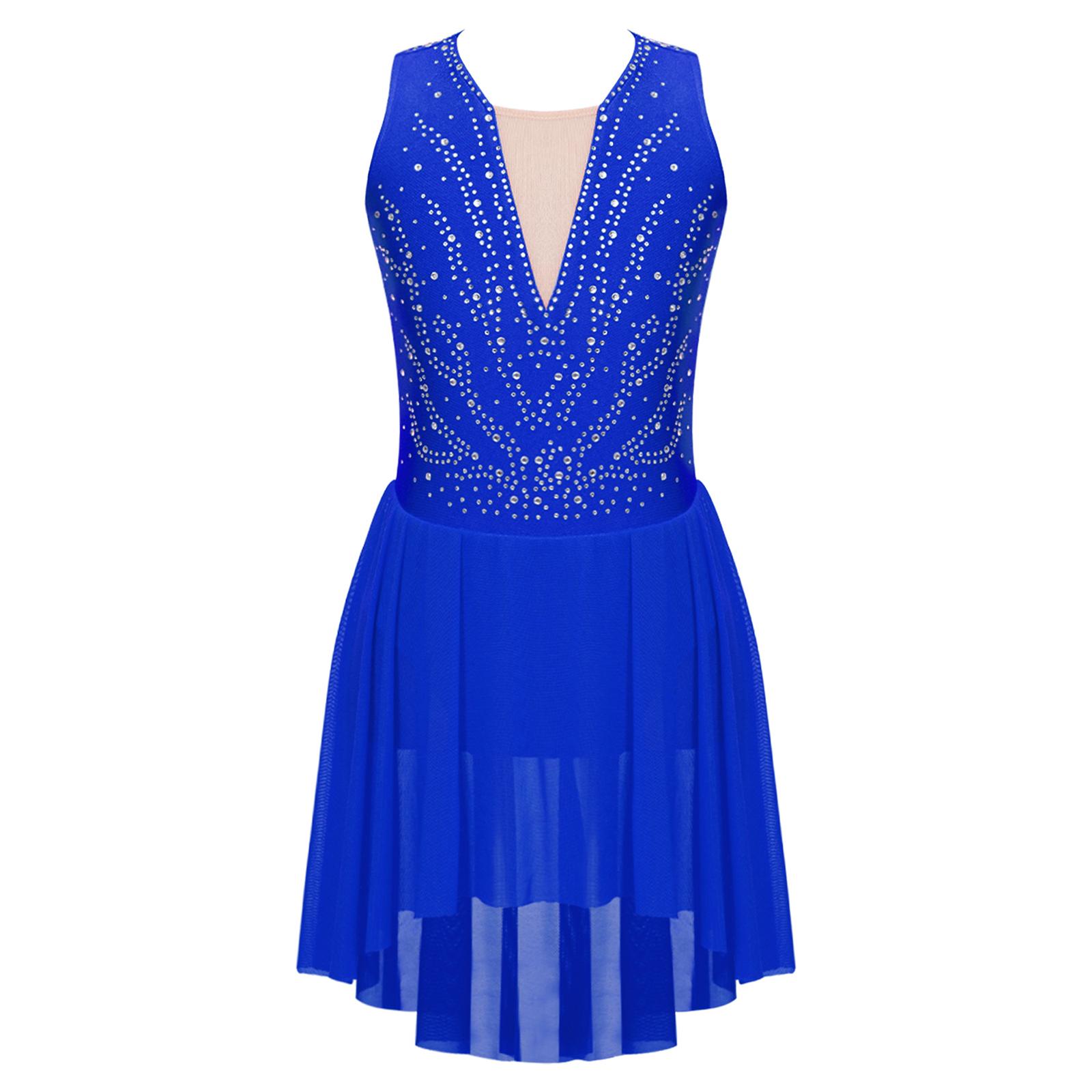 

Girls Strappy Back Dance Dress Rhinestone Asymmetrical Hem Sleeveless Costume 7-8 Years королівський синій колір