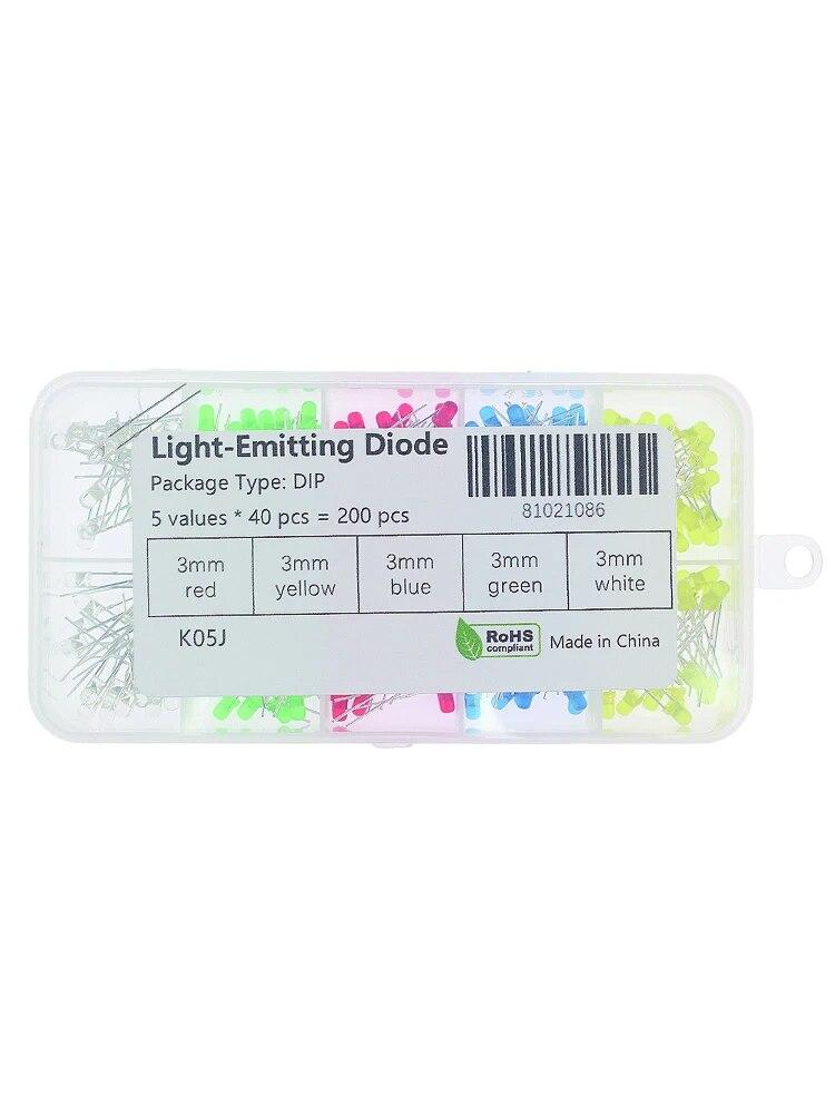 200 bucăți 3 mm diodă emițătoare de lumini 5 culori set sortiment de diode LED, roșu, galben, verde, albastru, alb, diodă LED F3, electronică DIY
