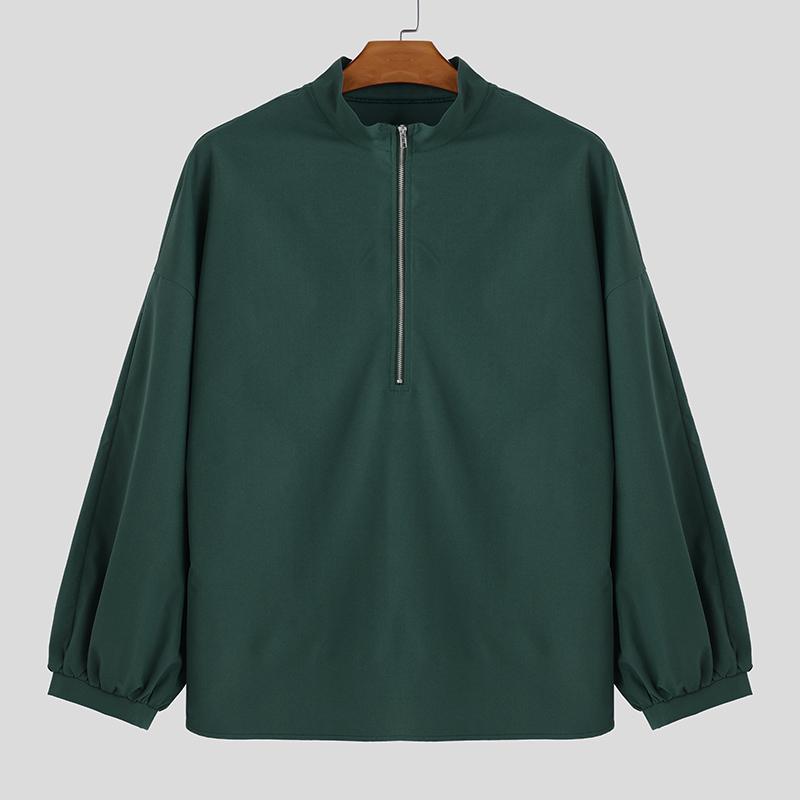 

INCERUN Весенние свободные мужские рубашки со стоячим воротником и длинным рукавом на молнии, однотонные повседневные рубашки L