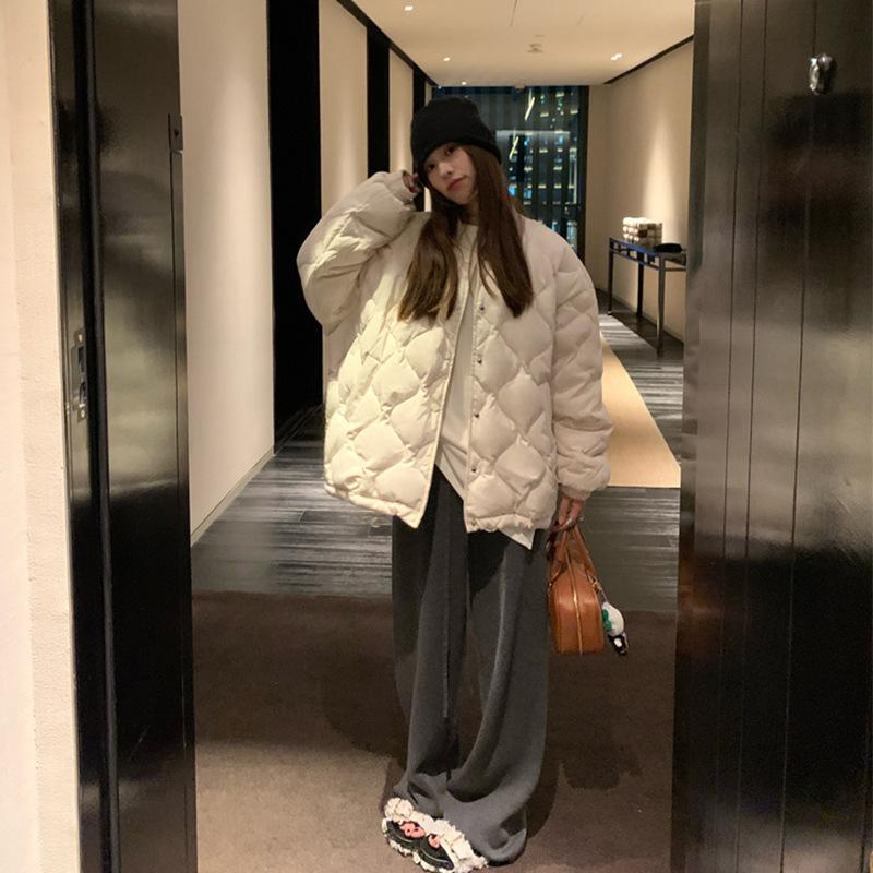 

Winter new down cotton clothes women s fashion rhombus loose and thin small cotton clothes trendy S [Recommended 80-57.5 kg] грязно-белый