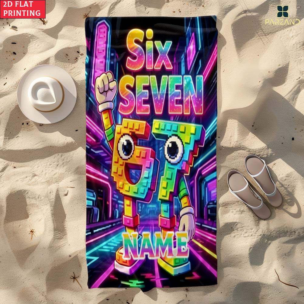 1pc Neon Pixel Number 67 Personalized Name Beach Towel, Cyberpunk Kids Summer Pool Towel