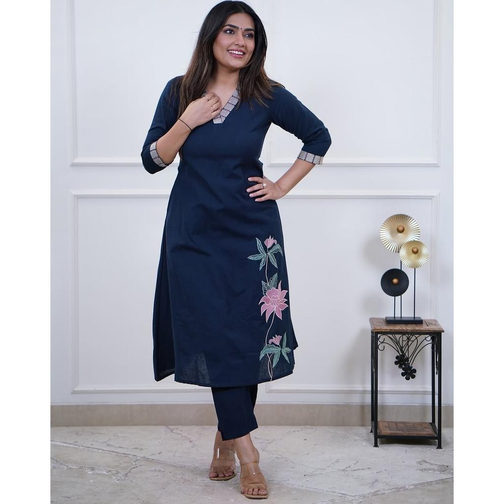 Beautiful Embroidery Office Wear Cotton Kurti Pant Set Indian Designer Kurta Set