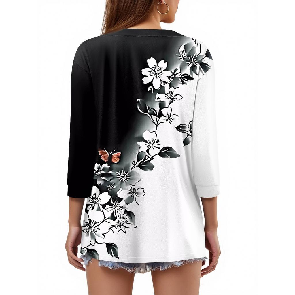 Camiseta de mujer con estampado de botones, manga 3/4, básica, cuello en V, para uso diario, fin de semana, moda