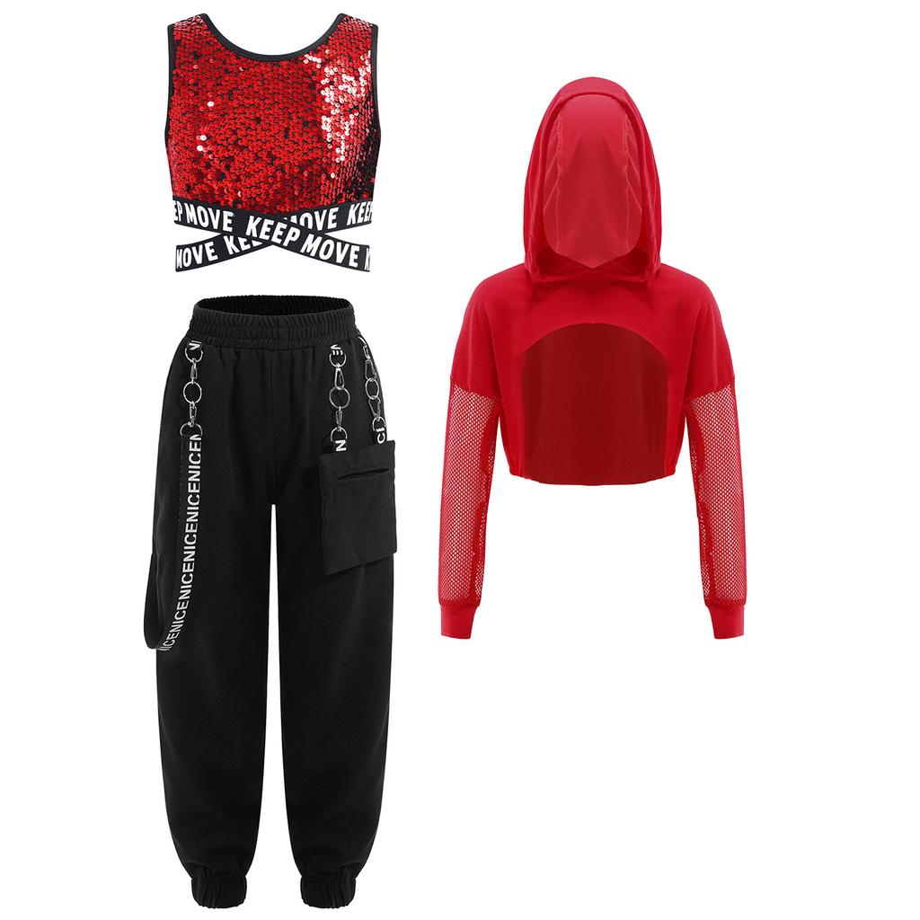 Kids Girls Street Dance Outfit 3Pcs: Sequins Criss-cross Waist Vest & Metal Chain Pocket Pants with Sheer Mesh Long Sleeve Hoodie for Performance