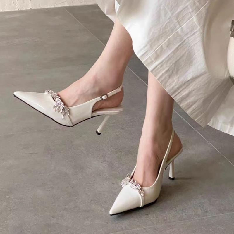 Fashion Spring 2025 Women's Pointed Toe High Heels Nude Leather -Notch Sexy Thin Heel Versatile Evening Sandals Diamond Embellished