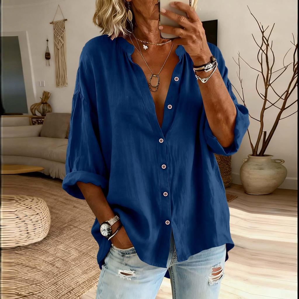 Women’s Fashion Solid Stand Collar Button Up Shirt Casual Loose Fit Top with Three Quarter Sleeves and Relaxed for Everyday Wear