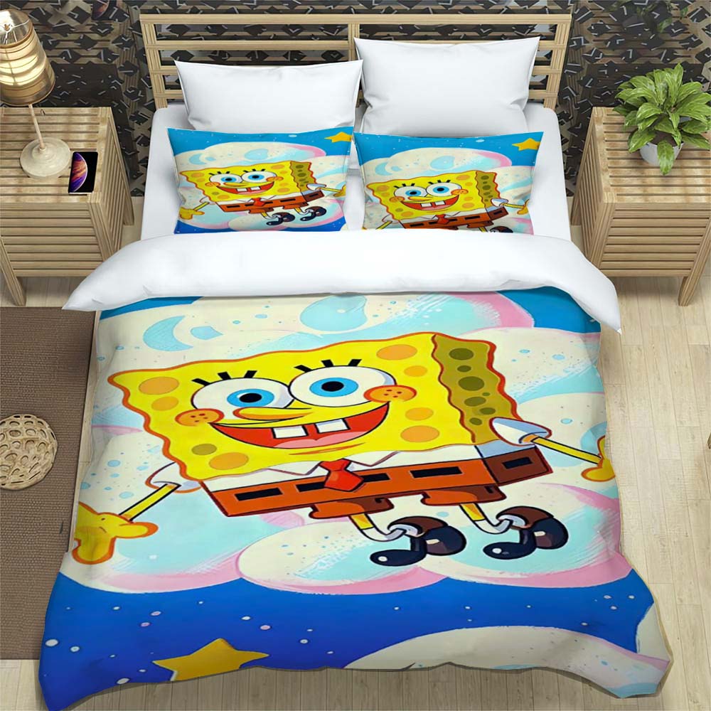 3D Sponge Bob Square Pants Printed Bedding Set, Cartoon Pattern Duvet Cover and Pillowcases, Single/Double Bed Sheet Sets,