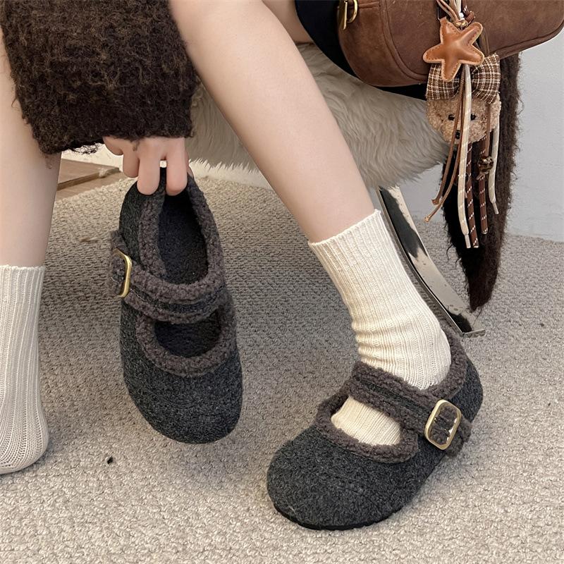 Vintage Grey Women Fur Lining Mary Jane Shoes Concise Internal Elevation Shoes Ladies Comfort Warm Short Plush Snow Shoes