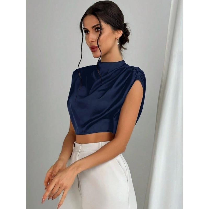 Women's Spring Summer Pleated Satin Shirt Color Ding Imitation Silk Short Shirt