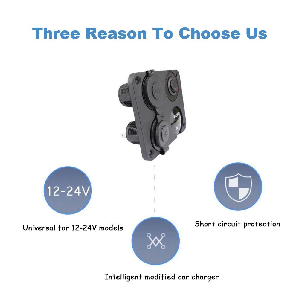 4 In 1 Switch Panel Waterproof Digital Voltmeter 12V Power Car Dual Usb Charger Socket Cigarette Lighter With Rocker Switch