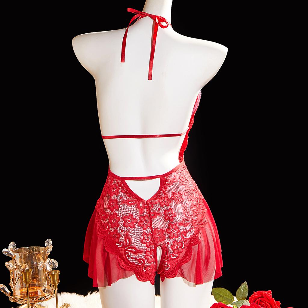Summer Adult Hot Selling Women's Lace Sexy Uniform Erotic Red Backless Fashionable And Beautiful Semi Transparent Jumpsuit