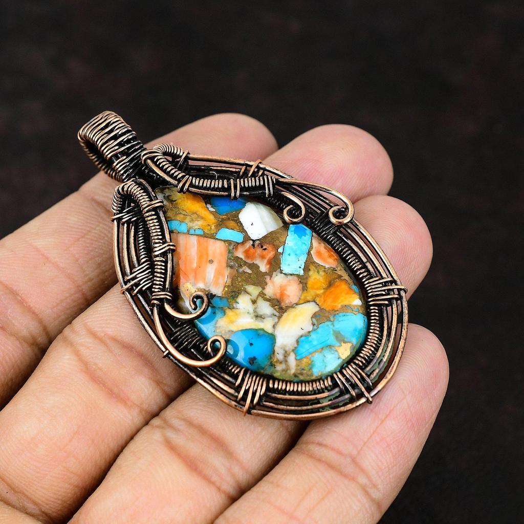 Stachelige Auster Kupfer Türkis Anhänger Edelsteinanhänger Kupferdraht gewickelter Anhänger Kupferschmuck Handgefertigt Designeranhänger Geschenk für Mutter