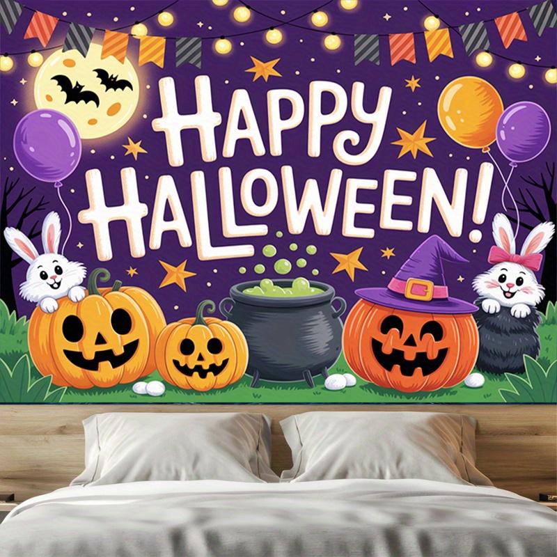 1 Happy Halloween! Polyester banner decoration - Ghost lanterns, bats and witch hats design
