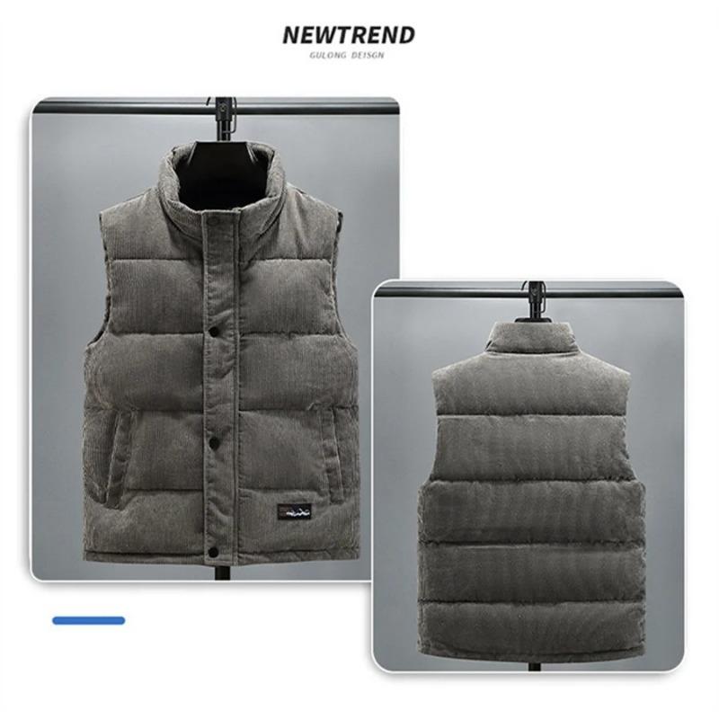 New Vest Jacket Men's Autumn Winter Warm Sleeveless Coat Stand Collar Padded Waistcoat Corduroy Work Wear Male Clothes 5XL